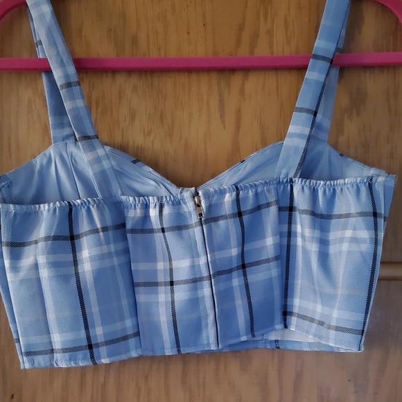 CROP BRA TOP BY HESPERUS SIZE LARGE PLAID BLUE VERY SEXY AND STYLISH 💙 NWOT - Picture 2 of 7